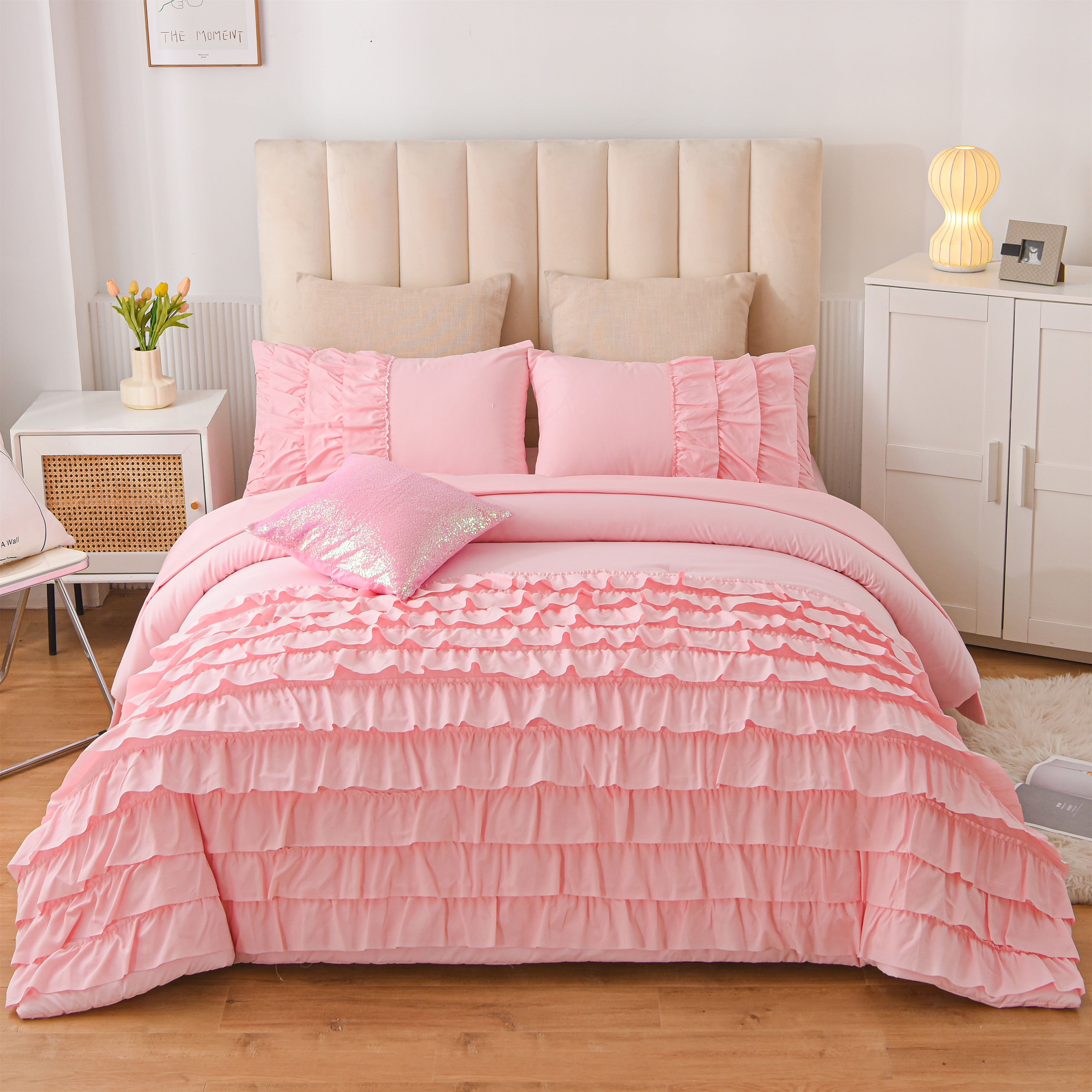 Btargot 6Pcs Waterfall Ruffled Princess Comforter Set Queen Soft Chic Bedding Set for Kids Girls Pink
