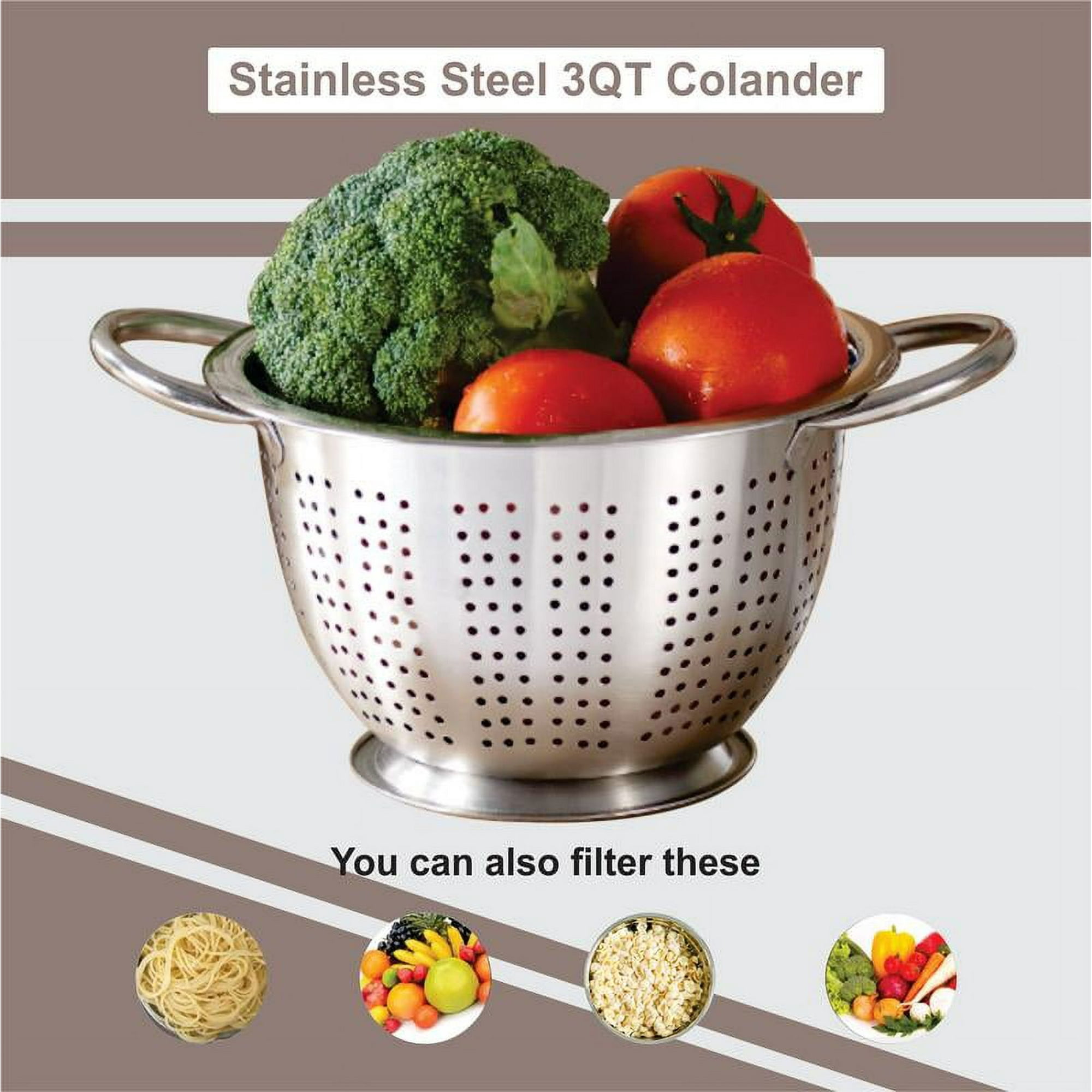 Mainstays SS 3QT Multi-Use Colander for Straining, Draining & Rinsing Pasta, Fruits or Vegetables