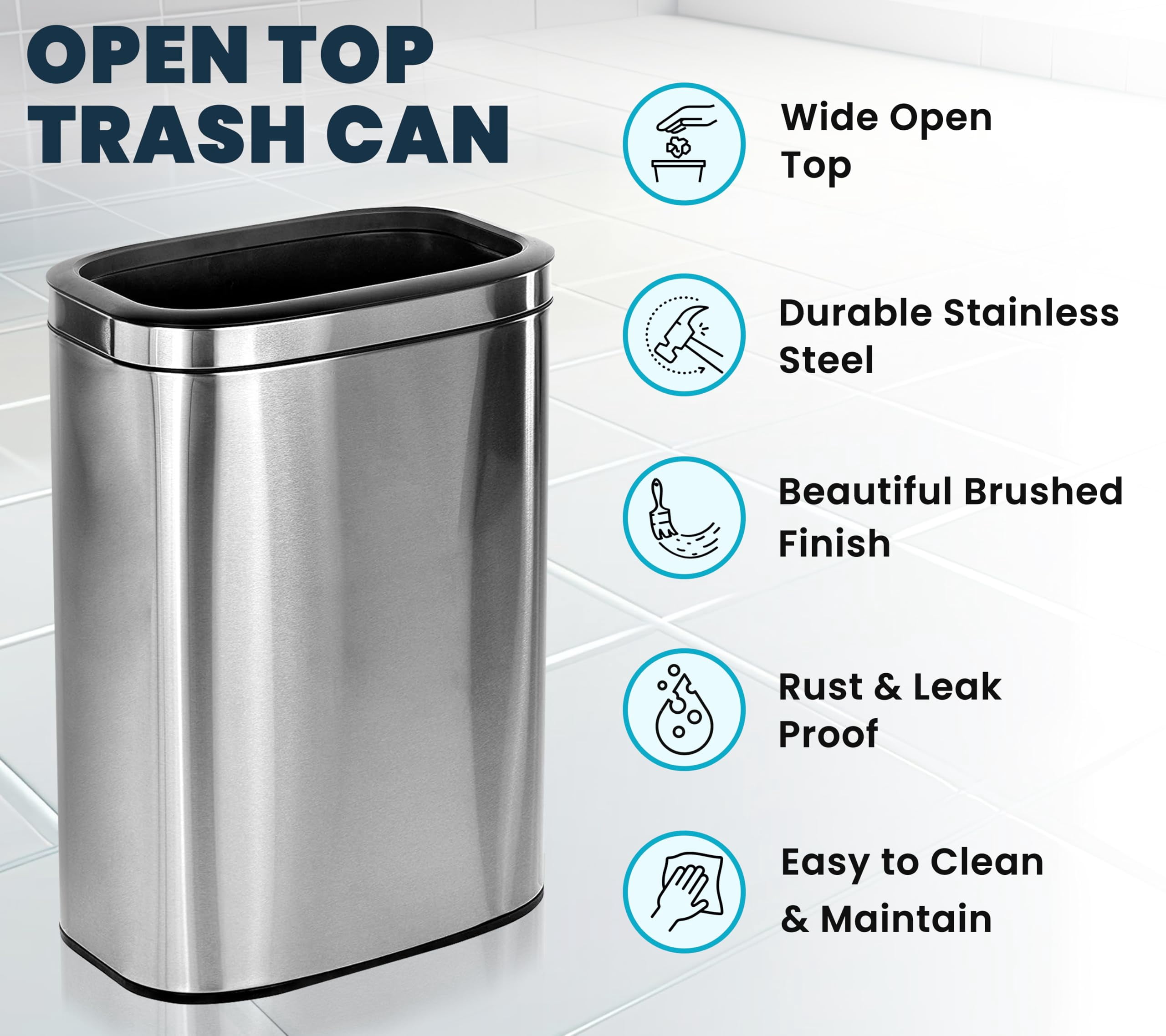 Alpine Stainless Steel Open Top Trash Can 10.5 Gallon - 40L Garbage Can for Kitchen, Bathroom, Office & More with Removable Bin, Brushed Nickel Finish, Space-Saving Slim Modern Design