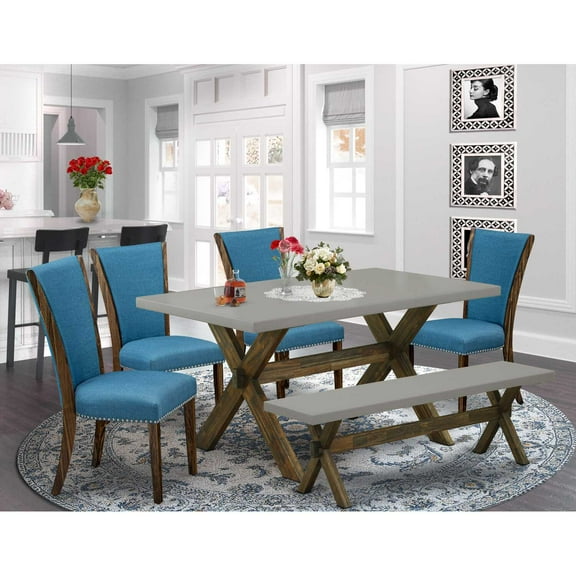 East West Furniture X796VE721-6 6 Piece Dining Room Table Set - 4 Black Linen Fabric Upholstered Dining Chairs with Nailheads and Cement Dining Table - 1 Mid Century Bench - Distressed Jacobean...