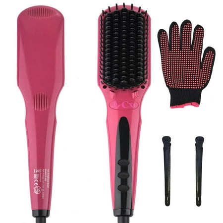 Hair Straightening Brush MCH Ceramic Fast Heating with Heat Resistant Glove, Temperature Lock Function, Adjustable Temperature, Anti-Scald Ionic Hair Brush - Fuscia