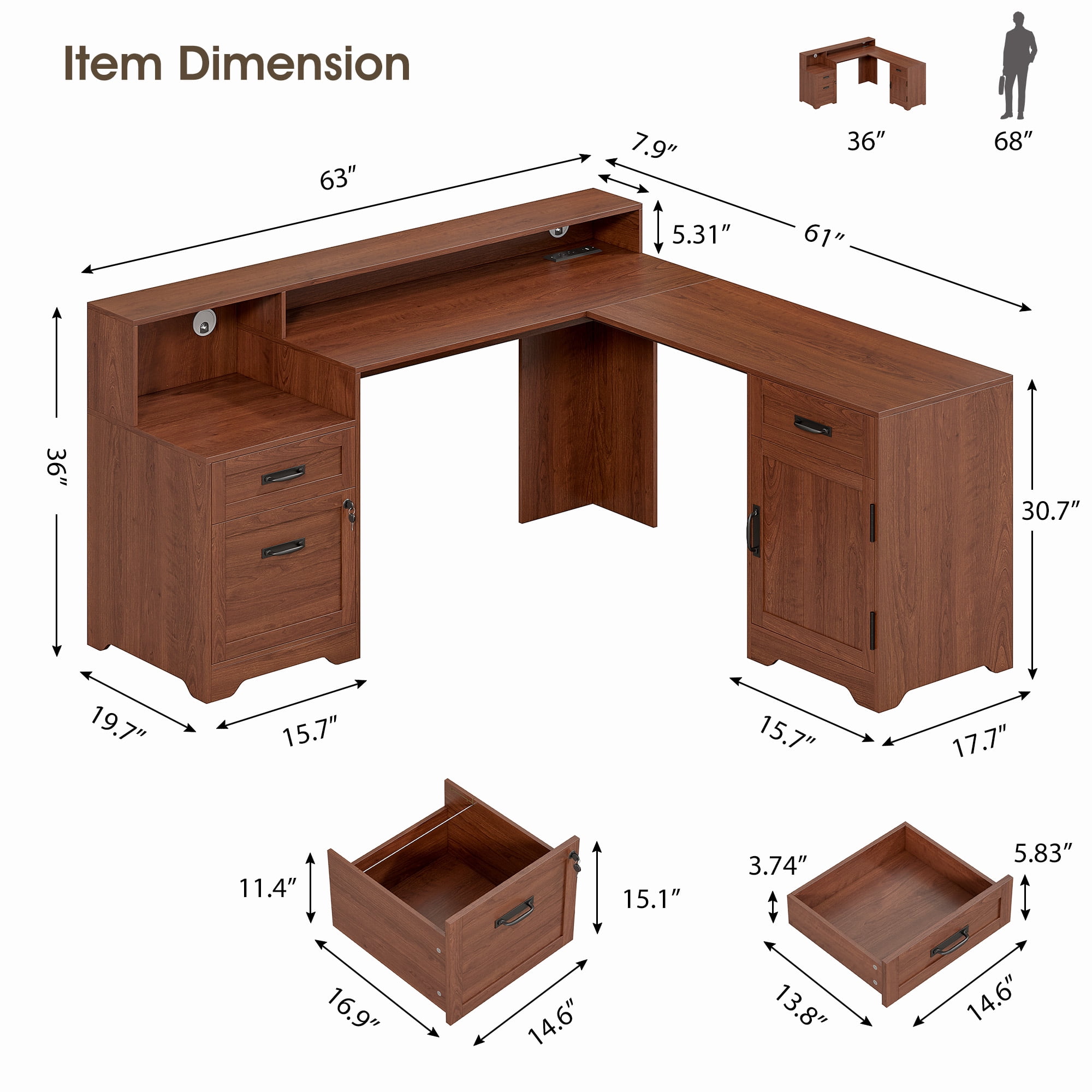 63'' Farmhouse L Shaped Desk with Drawers, Corner Computer Desk with Monitor Stand for Home Office, Cherry Brown