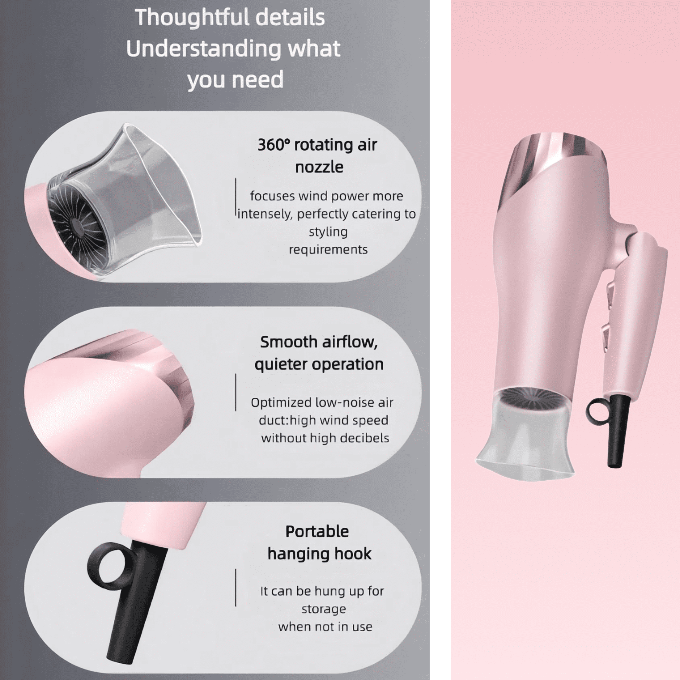Foldable Hair Dryer with 8 Accessories ，Compact Design for Home and Travel |,Fast Drying Gift Set for Women/Men,Pink