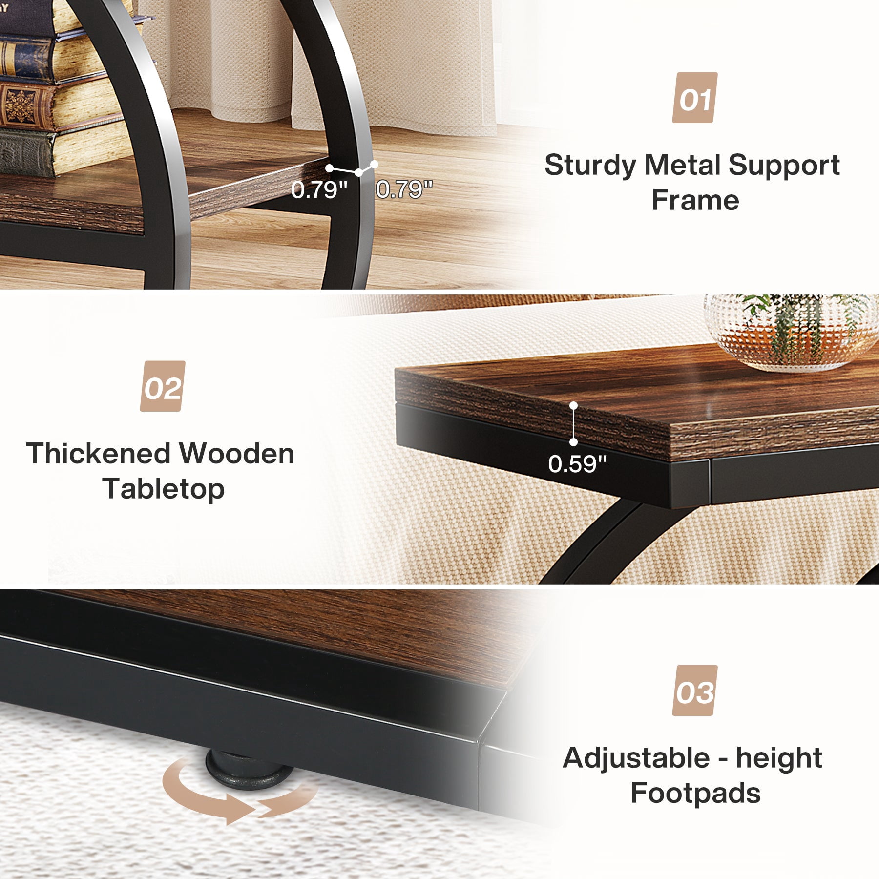 Fnova Side Table with Circular Metal Frame, End Table with 3-Tier Shelves for Living Room, Dark Brown