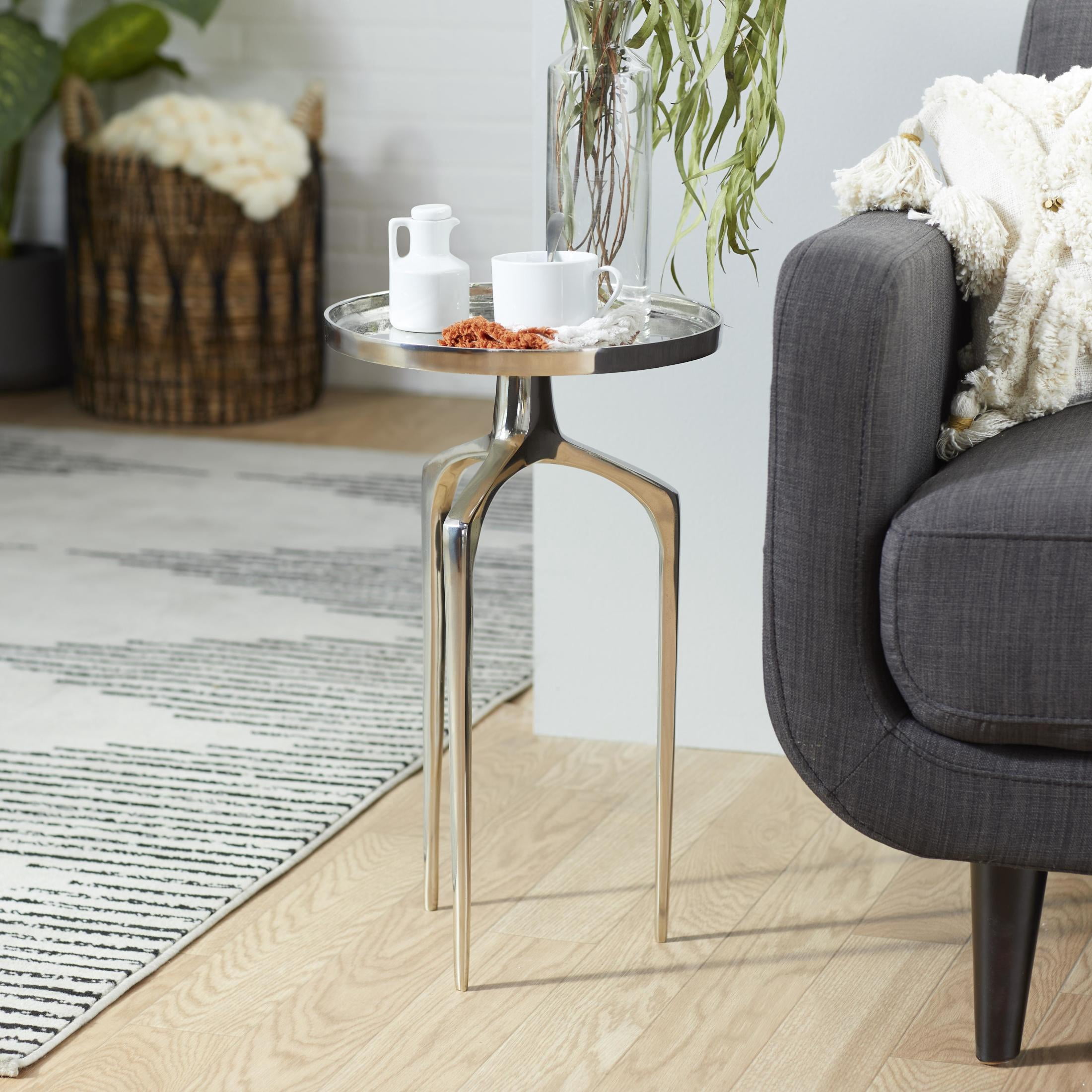 DecMode 13" x 22" Silver Aluminum Metal Tray Inspired Top Accent Table with 3 Tripod Legs, 1-Piece
