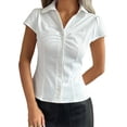 thumbnail image 3 of Women'S Y2k Short Sleeve Button Down Shirts Casual V Neck Button Up Top Slim Fit Going Out Blouse White S, 3 of 8