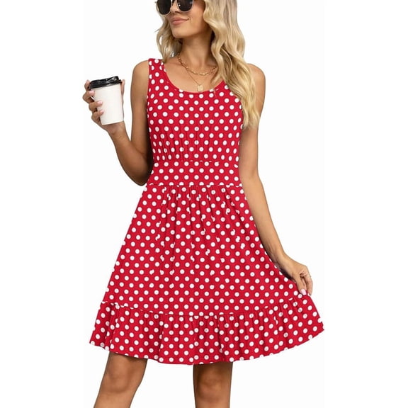 LILBETTER Women's U-Neck Casual Sundresses for Women Casual Beach Party Pleated Ruffle Hem Tank Dress(F Red Polka Dot, Large)