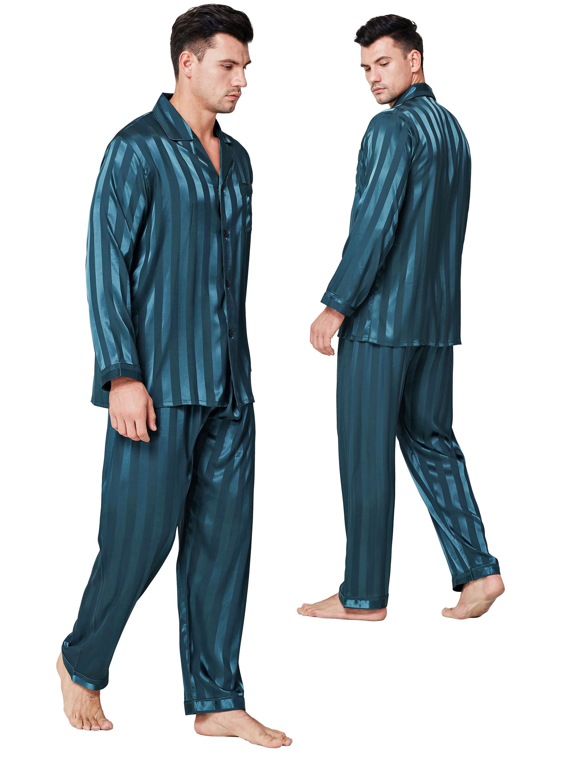 LONXU Men's Pajamas Long Sleeve Silk Satin Luxury Drawstring Nightwear ...