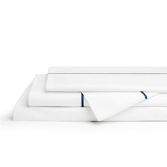 Ensemble de Draps en Percale de Moelle 100 % Coton, Taille Très Grand, Bleu Foncé, 4 Pcs - 1 Drap Plat Respirant, 1 Drap-Housse à Poche Profonde et 2 Taies d'Oreiller, Linge de Lit Frais et Solide