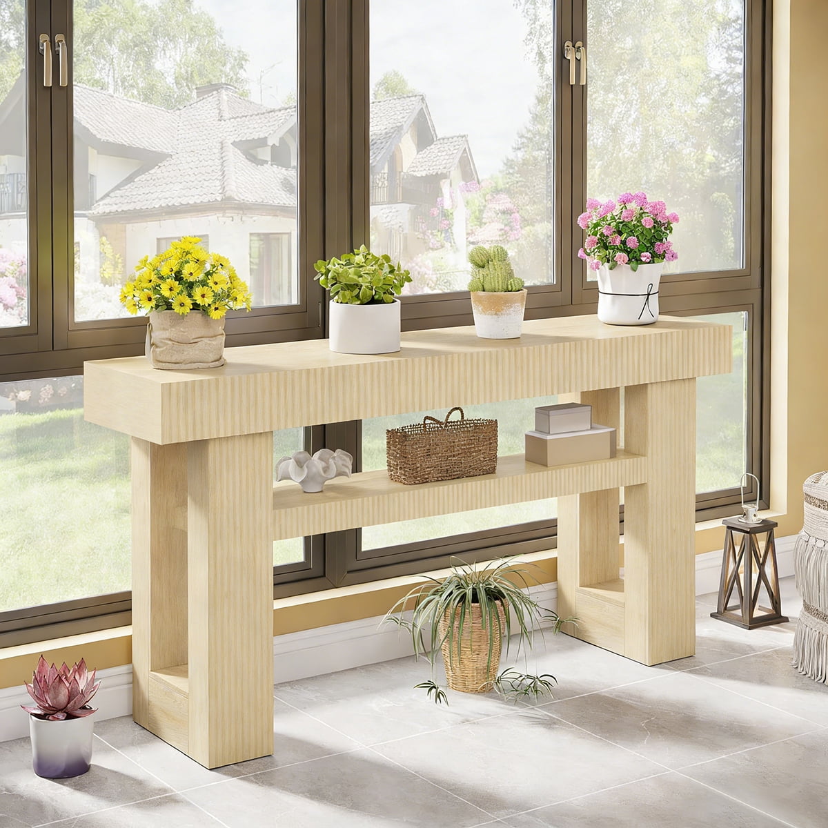 VVFLU 63-Inch Long Entryway Console Table with a Fluted Design, Thick Wood Farmhouse Sofa Table Behind Couch, Narrow Hallway Accent Table for Living Room, Foyer, Entrance, Oak