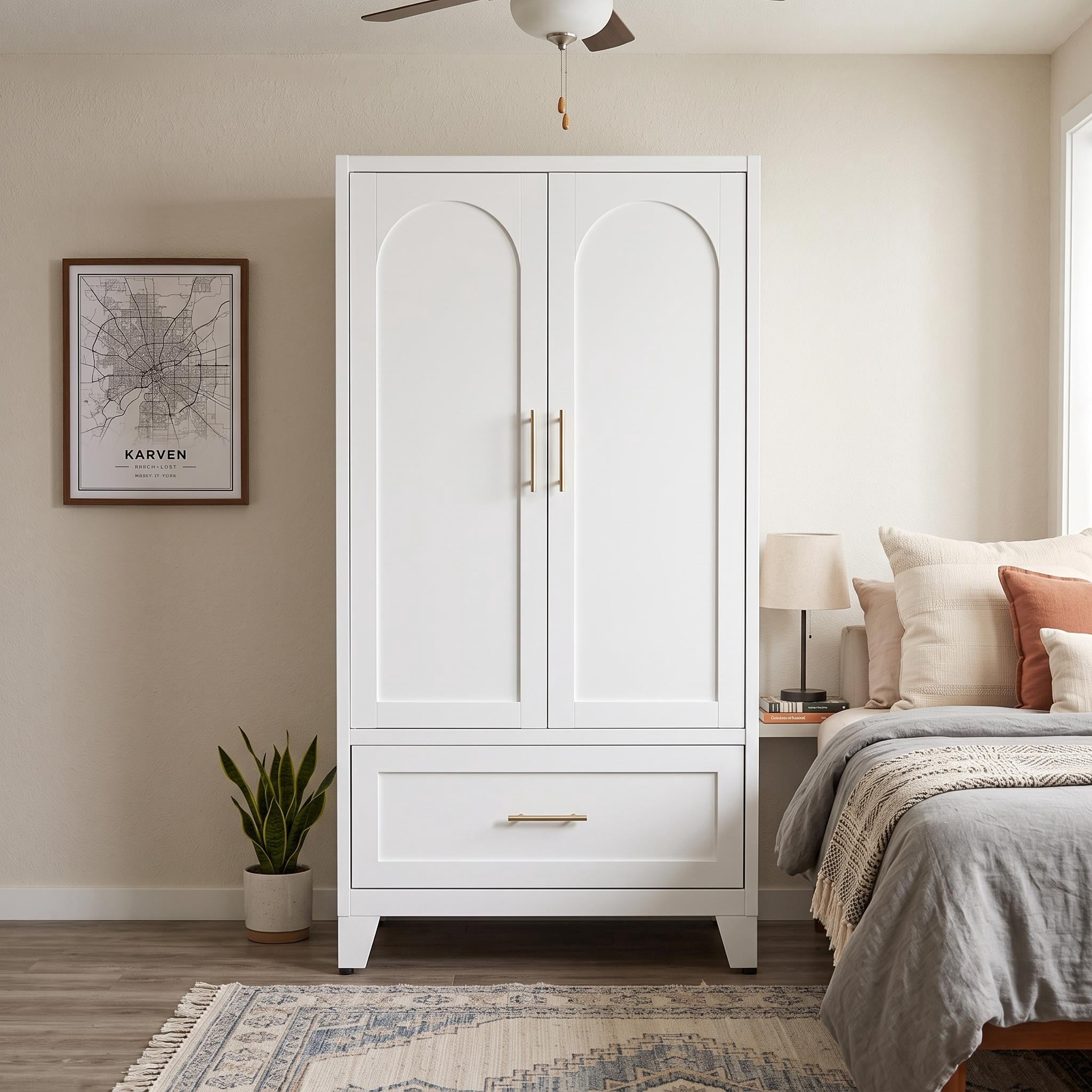 Homy Casa 60" Freestanding Armoire Wardrobe Closet with Doors, Drawer for Bedroom, White Storage Cabinet