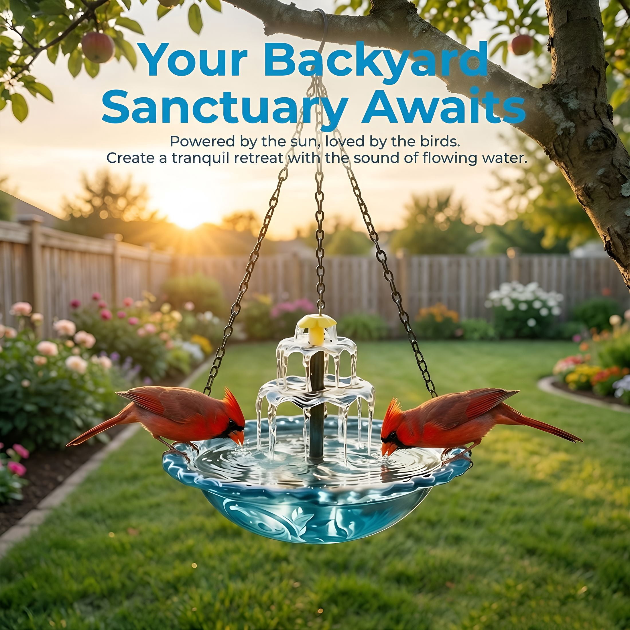 HIBIBUD Hanging Solar Bird Bath Fountain, Blue Wireless Cascading Water Feature – Solar Powered for Garden, Patio, Hummingbirds