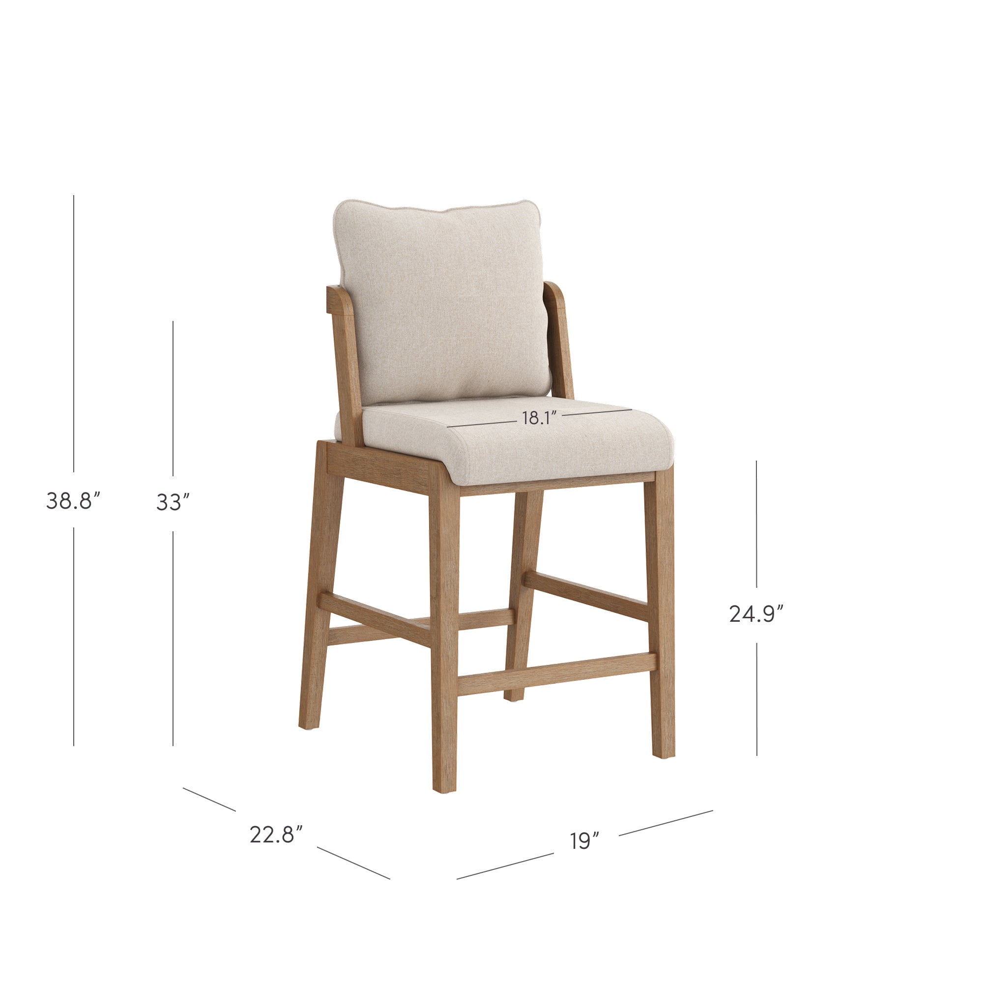 Nathan James Chuck Scandinavian 2-Pack Natural Flax Upholstered Bar Stools, Solid Wood Bar Stools with Back and Backrest Pillow, Flax/Light Brown