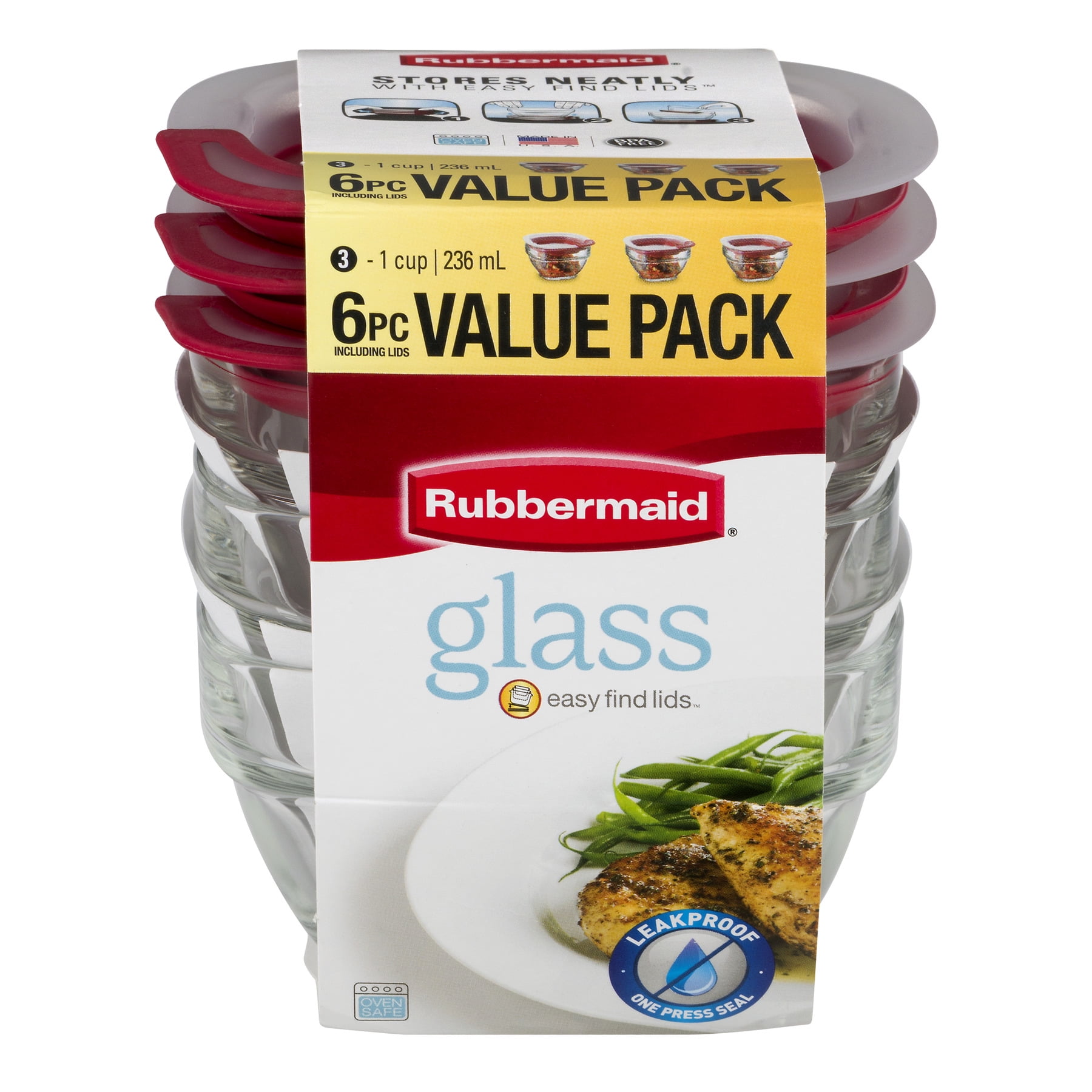 Rubbermaid Easy Find Lids Glass Food Storage Container, 1 Cup, Racer