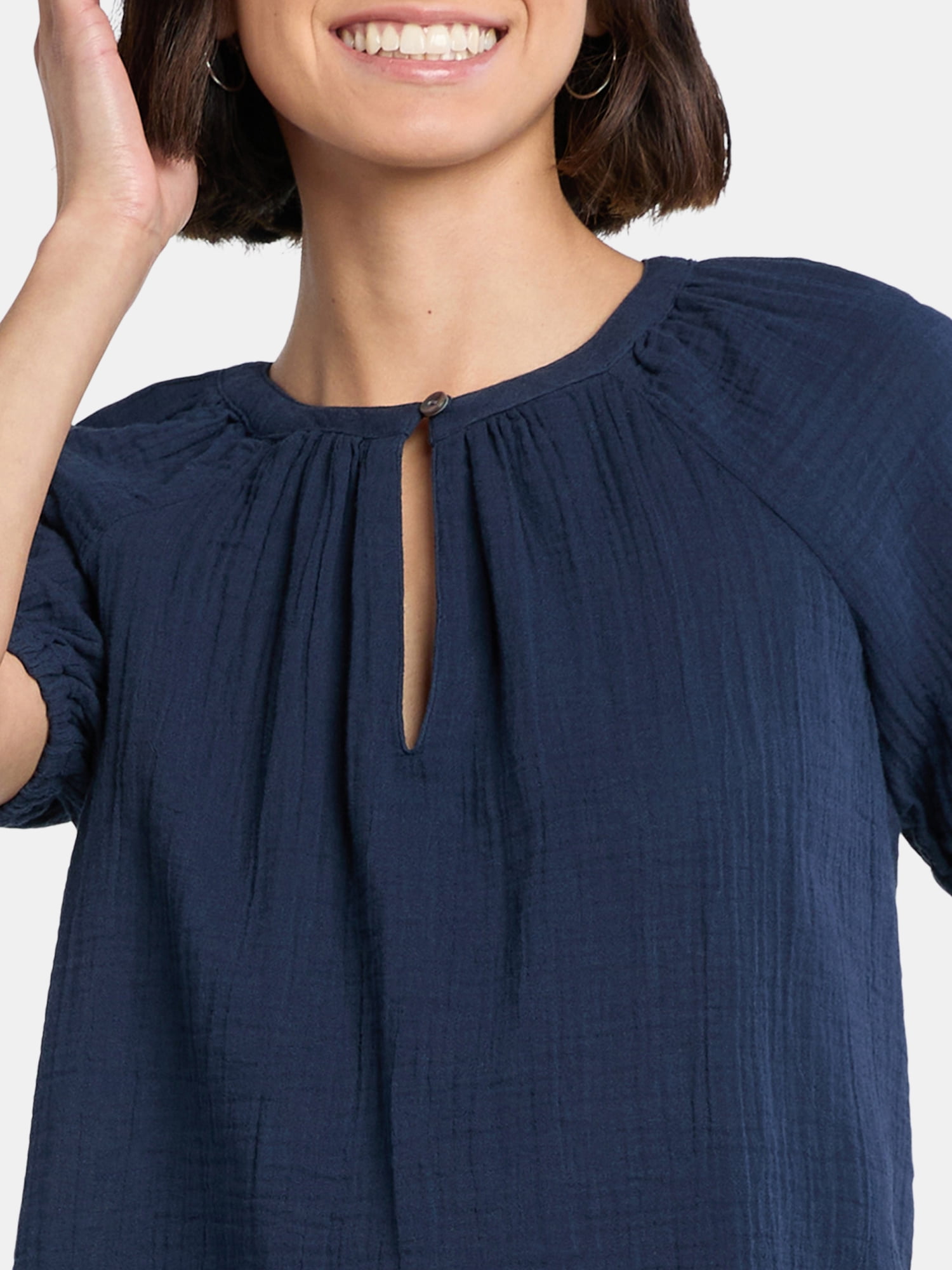 Time and Tru Women's Double Cloth Cotton Top with Short Sleeves, Sizes XS-XXXL