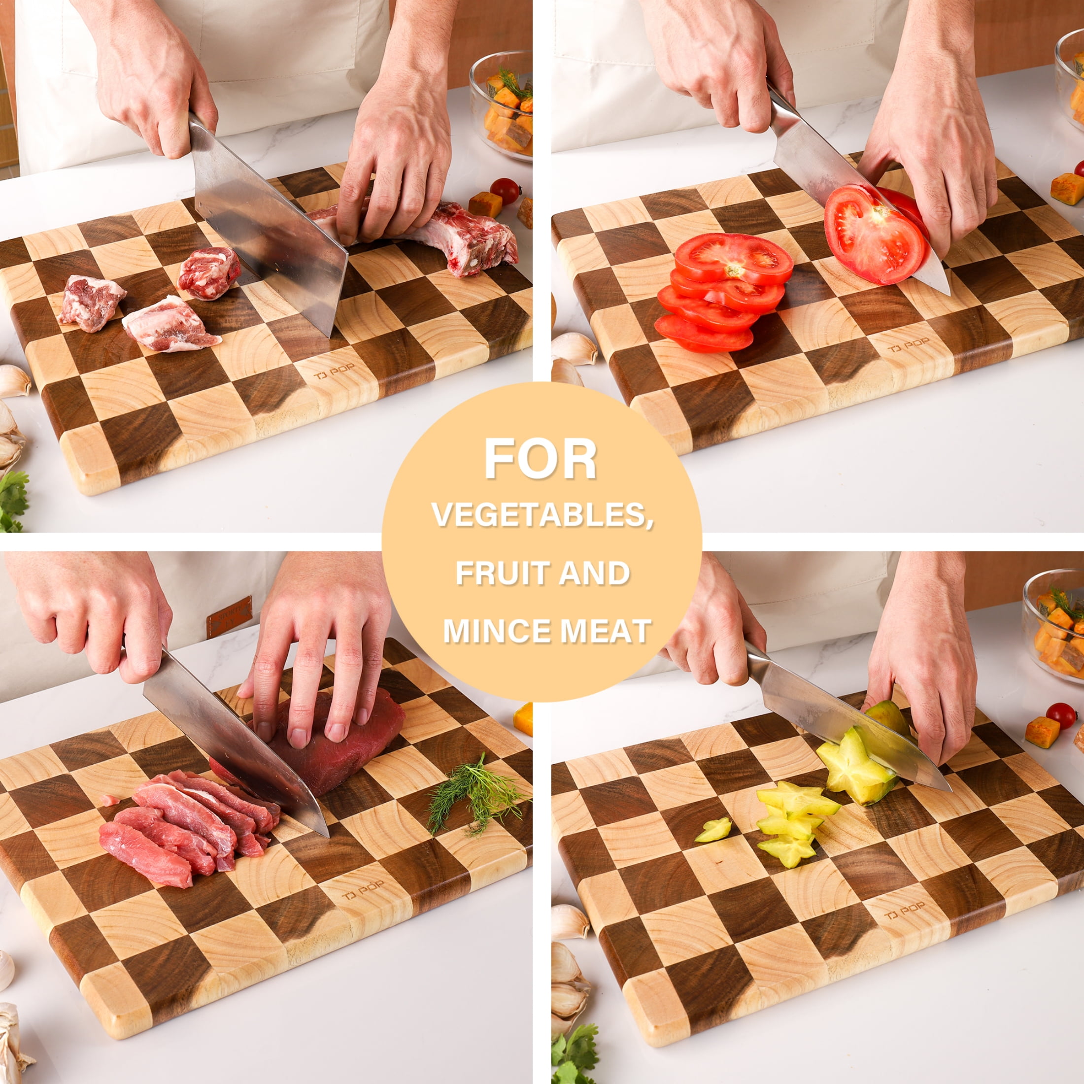 TJ POP Acacia Wood Cutting Board,End Grain Chopping Board, 14.5 x 10 x 0.8 Inch