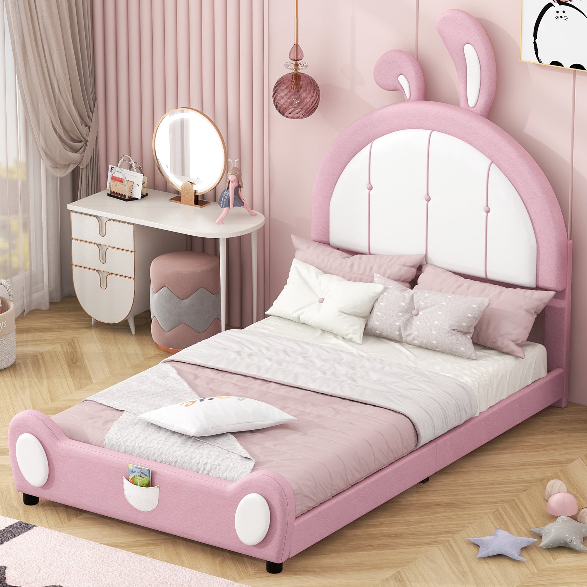 EUROCO Upholstered Twin Platform Bed, Cartoon Bunny Bed for Toddler Kids Teens, No Box Spring Needed, Pink