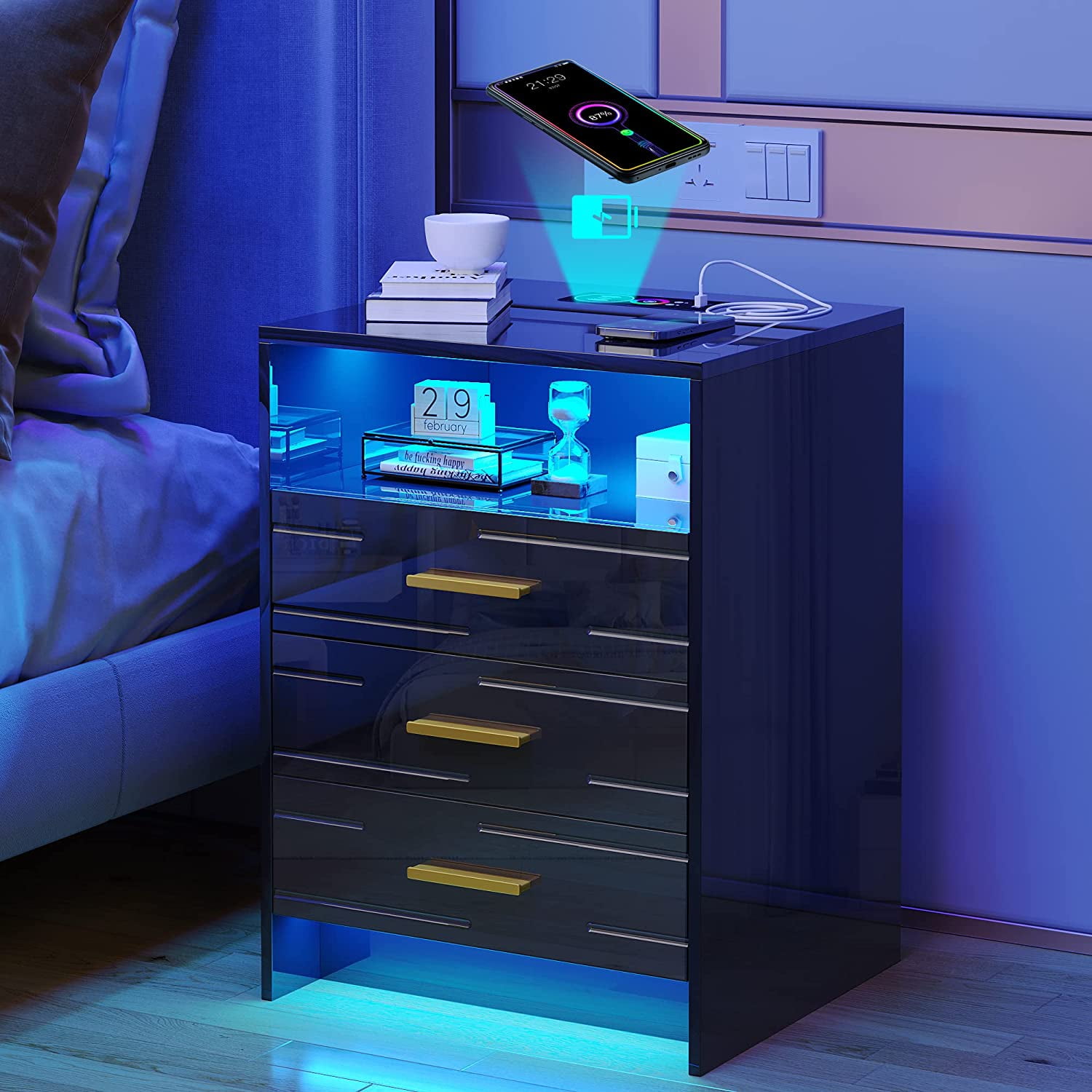 HNEBC LED Nightstand for Bedroom High Gloss White Night Stands with