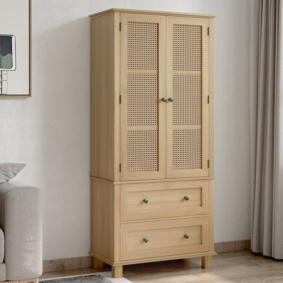 Homfa Rattan Cabinet with Doors, Tall Storage Cabinet with 2 Drawers, Narrow Accent Versatile Cabinet for Living Room, Oak