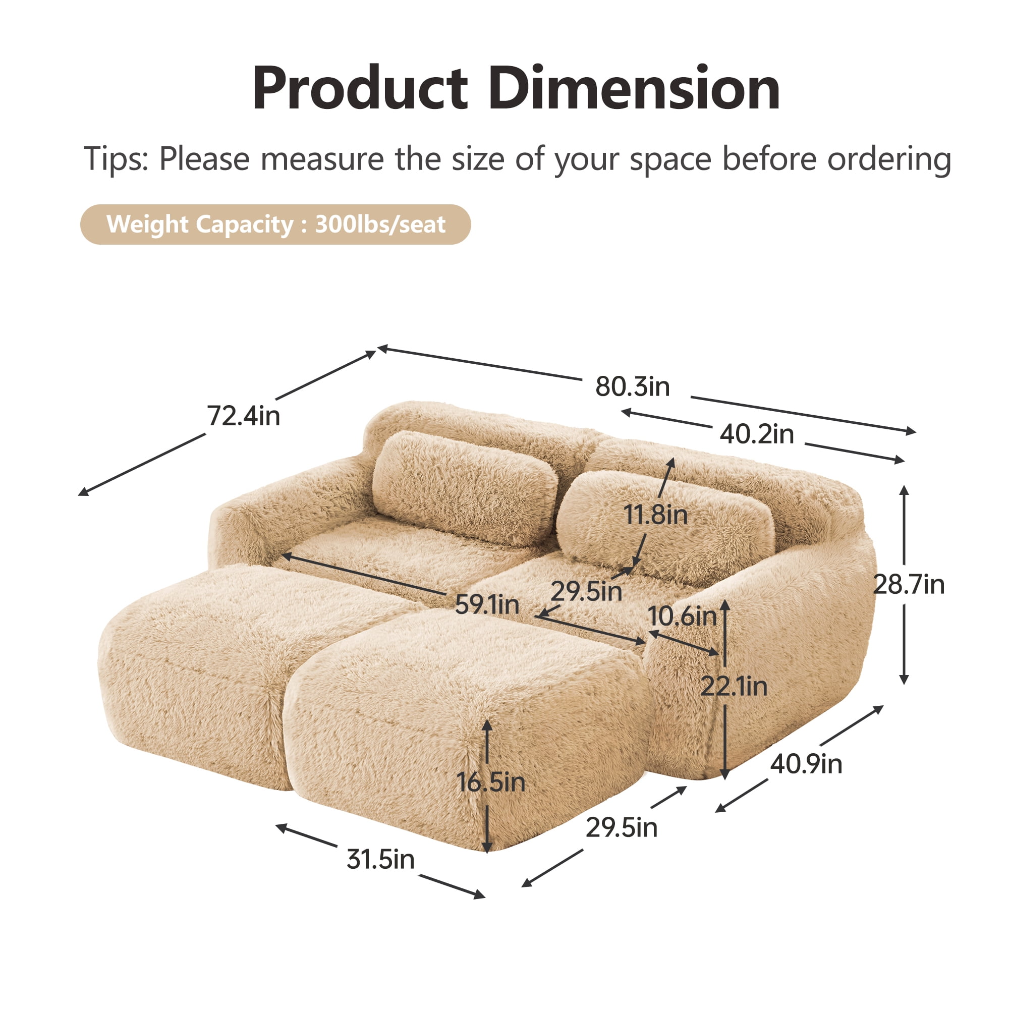 Aukfa 80" Faux Fur Modular Sectional Sofa with 2 Ottomans, Deep Seat Boneless Couch for Living Room, Camel