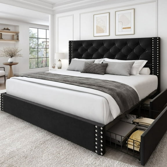 Breltam Platform Bed with 4 Storage Drawers, Queen Size Tufted Bed with Upholstered Headboard, Black