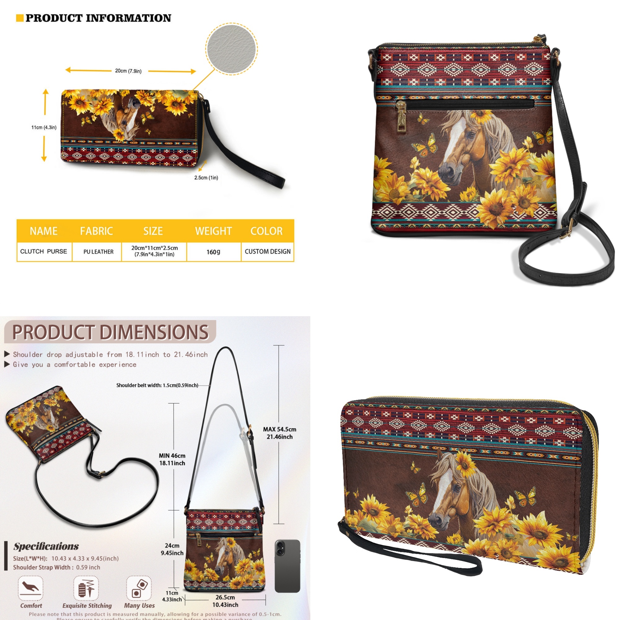 ZUXONGSY Aztec Horse Butterfly Sunflower Print Ladies PU Leather Crossbody Bags with Purse Set- Adjustable Crossbody Strap Hobo Bag and Wallet Set for Party or Dating