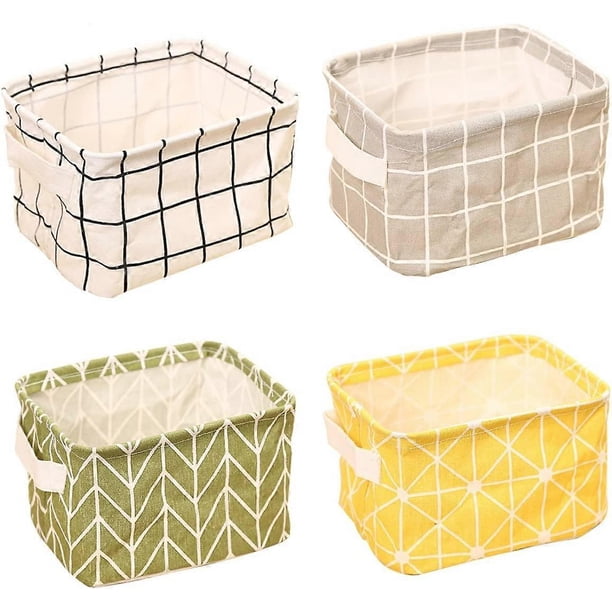 Storage Baskets Foldable Mini Square Natural Linen & Cotton Fabric Storage Bins Simple Desk Shelf Baskets Organizers - Set of 4 Organizer Storage Bags