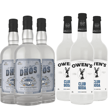 Dhōs Handcrafted Non-Alcoholic Vodka 3 Pack 750 ML Bottle w 3 Pack Owen’s Mixers Club Soda 750 ML Bottle - Keto-Friendly, Zero Sugar, Zero Calories, Zero Proof - Perfect for Mocktails - A