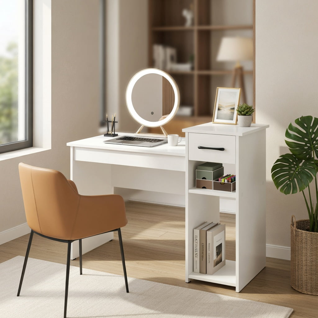 Spaco Computer Desk PC Laptop Table with Drawer and Shelf-White, Office Desk, Gaming Computer Desks for Study,Working,Writing