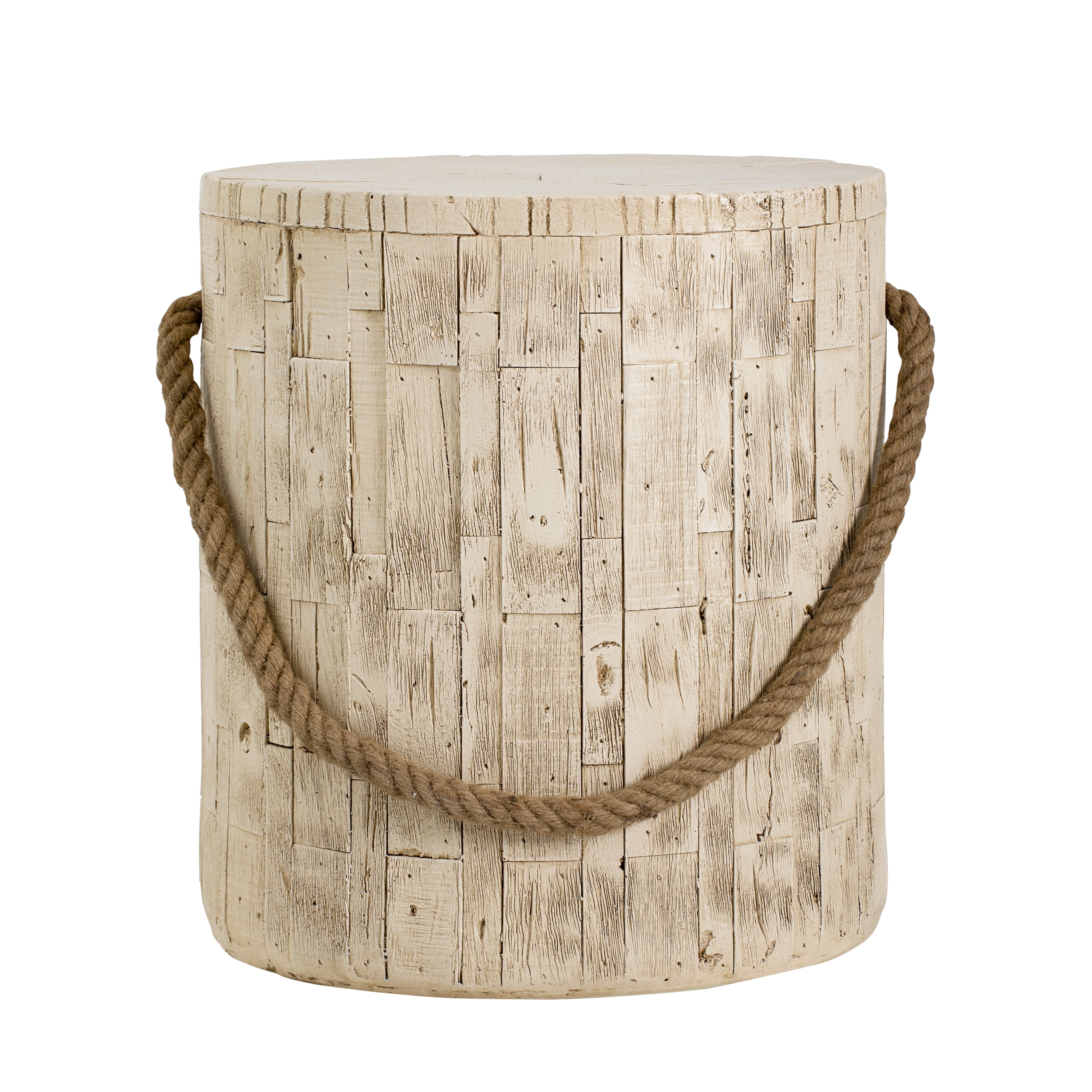 Outdoor Rustic Side Table with Realistic Wood Grain & Decorative Simulated Braided Cord, Indoor End Table for Living Room Home Office Patio Balcony Decor