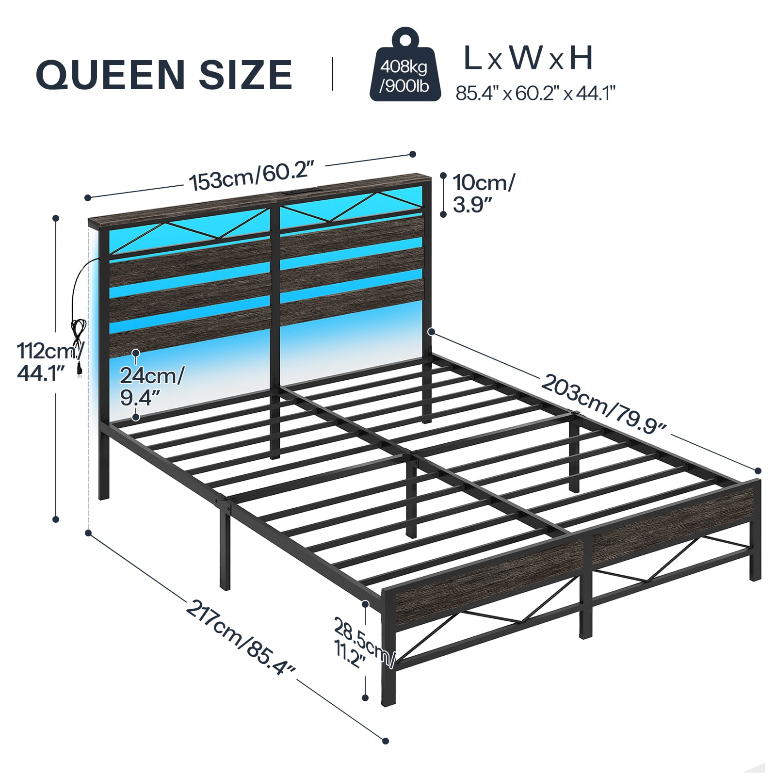HOOBRO Queen Size Bed Frame with Headboard, LED Bed Frame with Storage Headboard and Charging Station, Bed Frame with 2 Outlets and 2 USB Ports, for Queen Beds, Charcoal Black BC22UDBF01