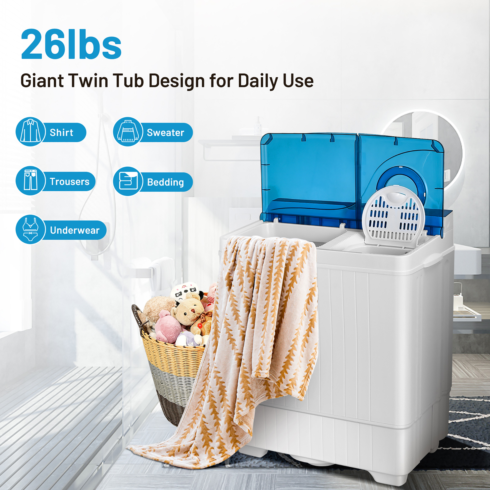 Costway 26lbs Portable Semi-automatic Washing Machine W/Built-in Drain Pump Blue - image 5 of 10