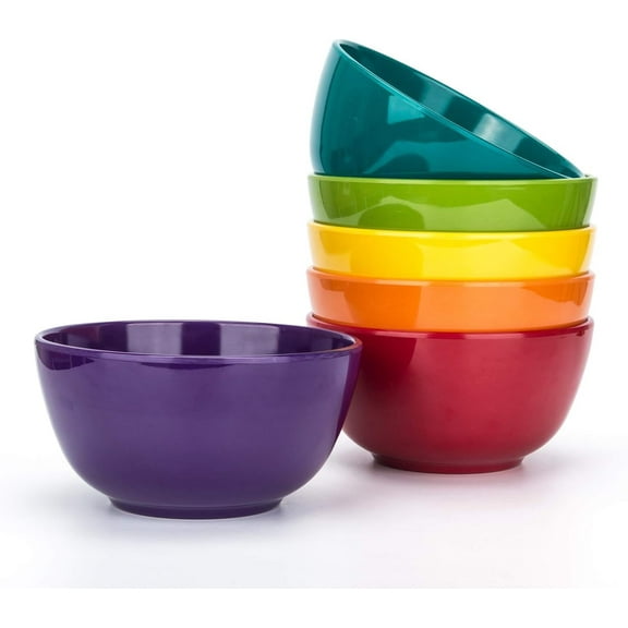 Melamine Bowls set - 28oz 6inch 100% Melamine Cereal/Soup/Salad Bowls, Set of 6 in 6 Assorted Colors | Shatter-Proof and Chip-Resistant Dishwasher Safe, BPA Free