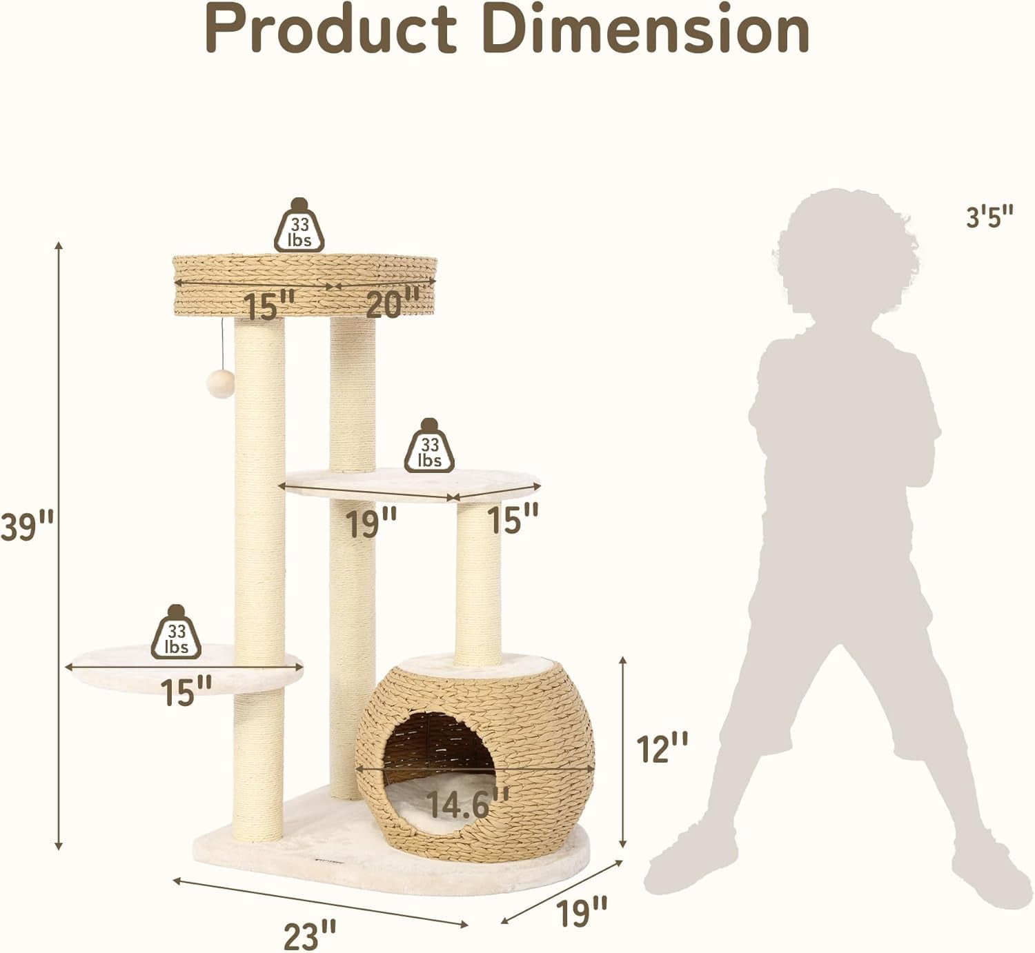 KAMABOKO Modern Cat Tree, 39" Tall Cat Tree for Kittens Climb Play & Rest, Cat Tree for Indoor Cats w/Natural Sisal Scratching Posts, Hand-Woven Condo & Top Perch