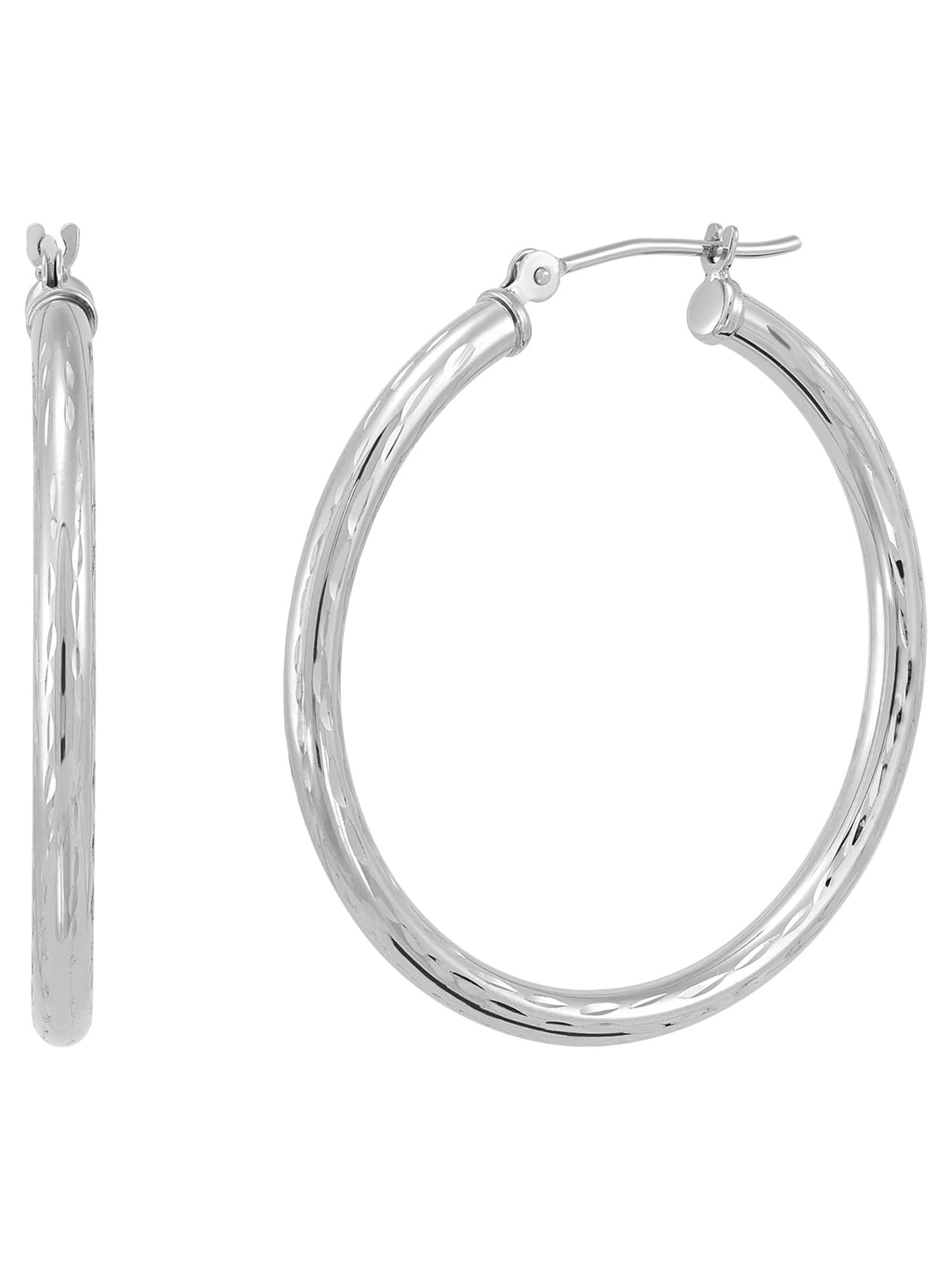 Brilliance Fine Jewelry 10K White Gold Polished and Diamond-Cut Round Tube Hoop Earrings