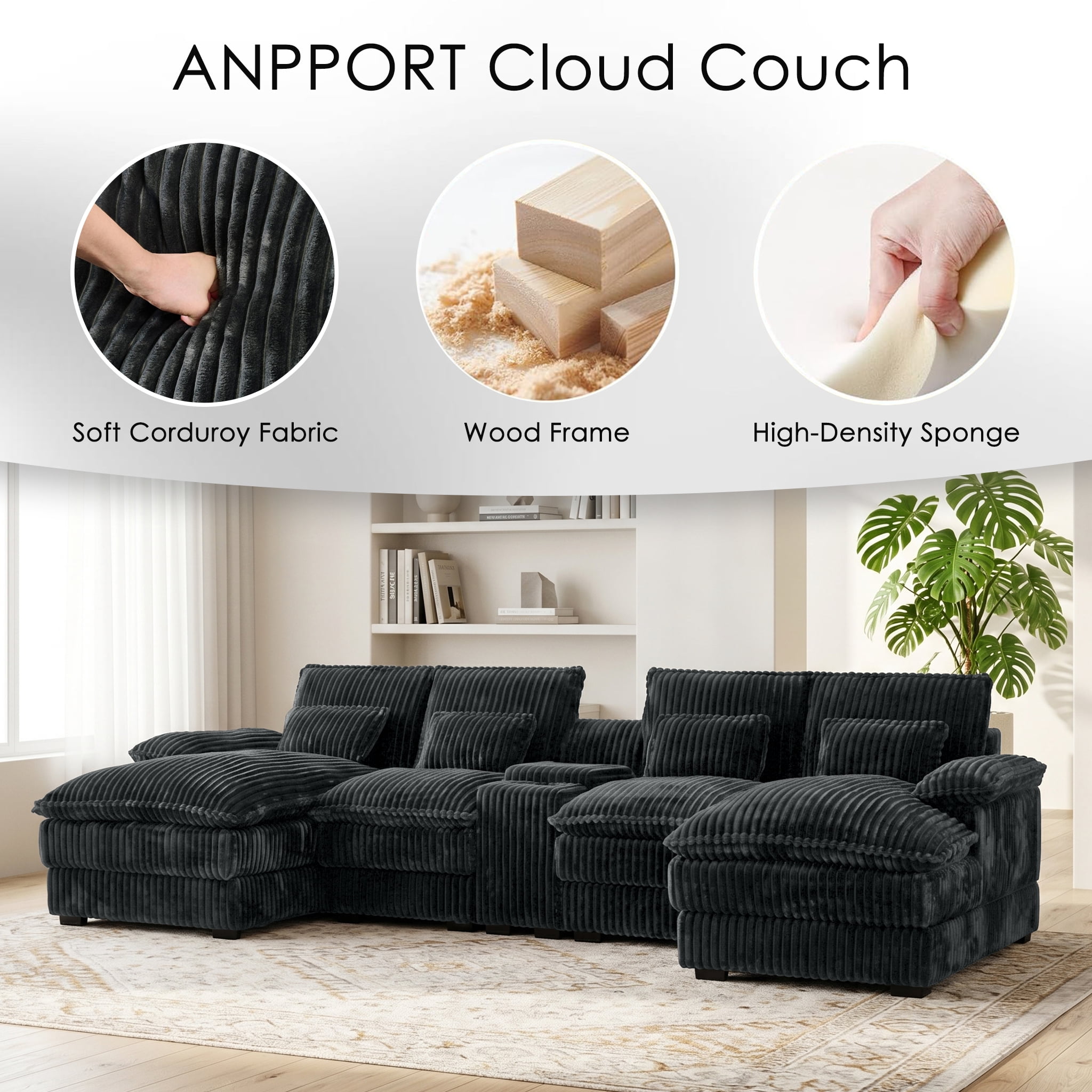 ANPPORT Luxury 124" U Shaped Cloud Modular Sectional Sofa, Corduroy Deep Seat Couch with Storage Console, USB Ports & Cup Holders for Living Room, Grey