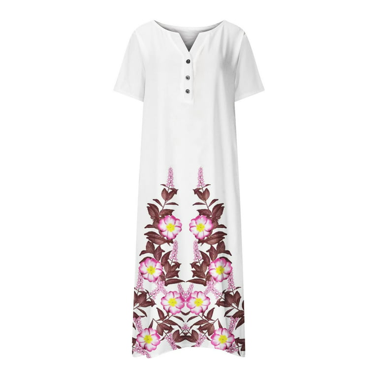 BEEYASO Summer Dresses for Women Ankle Length Leisure Printed Short Sleeve A -Line V-Neck Dress Casual Dresses on Clearance White L 