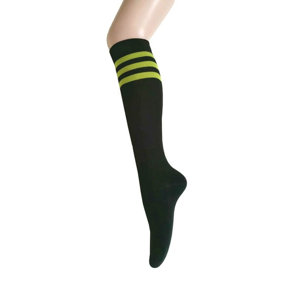 Women and Girls Roller Skate Retro Triple Stripes Tube Knee High Socks In Black with Lime Green Color