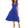 thumbnail image 2 of INSPIRE CHIC Women's Dress Cap Sleeves Wrap V Neck Flowy Ruffle Pleated Casual with Belt Midi Dresses S Blue, 2 of 6