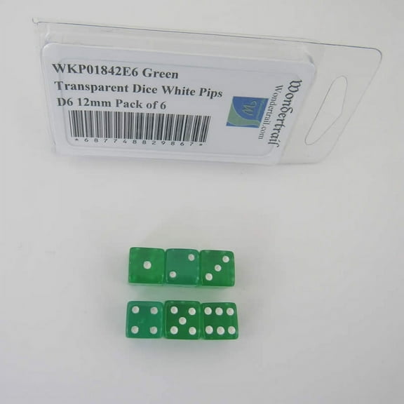 Green Transparent Dice with White Pips Square Corners D6 12mm (1/2in) Pack of 6 Wondertrail