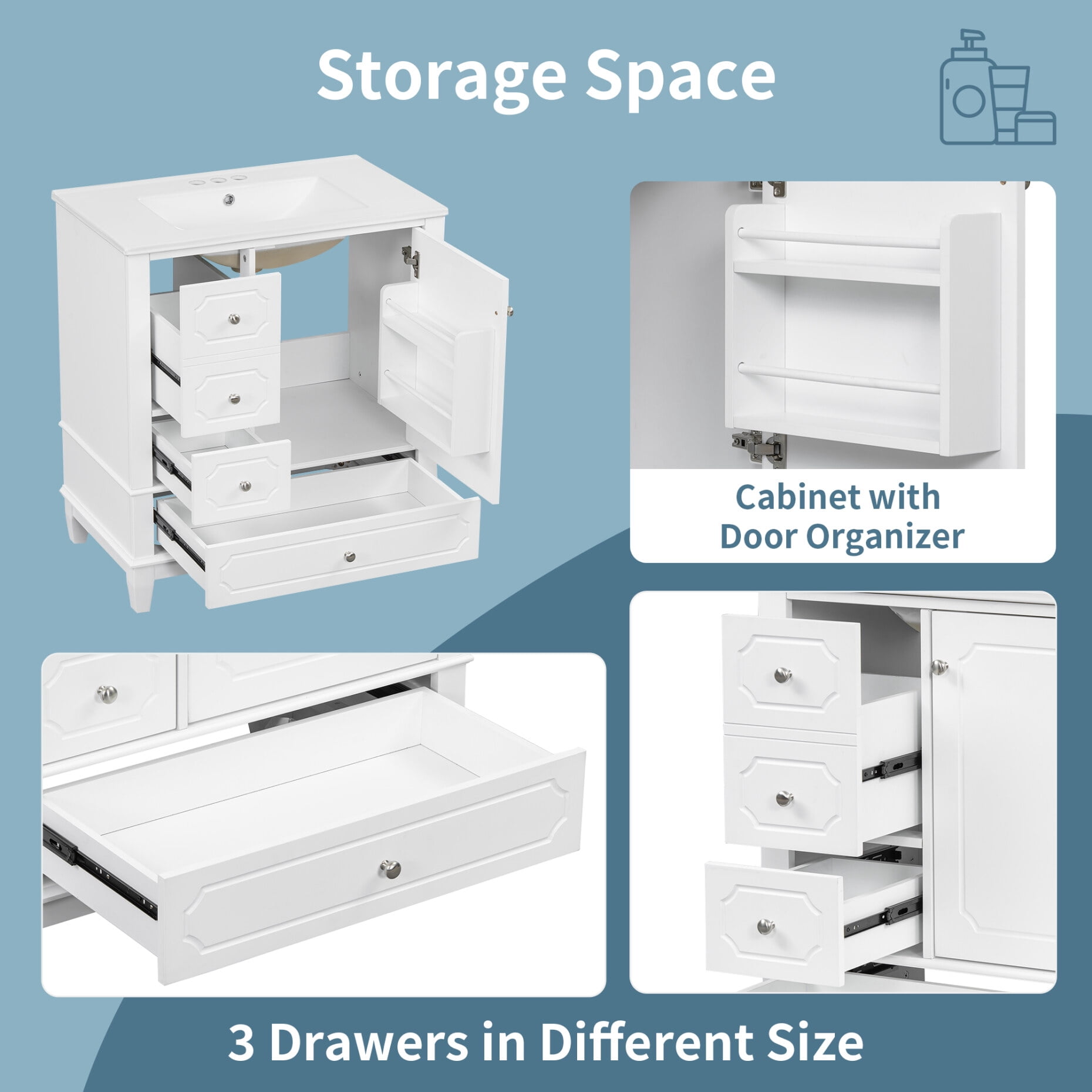 30" Bathroom Vanity with Ceramic Sink ,Soft-Close Door and 3 Drawers, Freestanding Vanity Cabinet with Storage Shelves,Solid Wood Frame Vanity for Bathroom, White