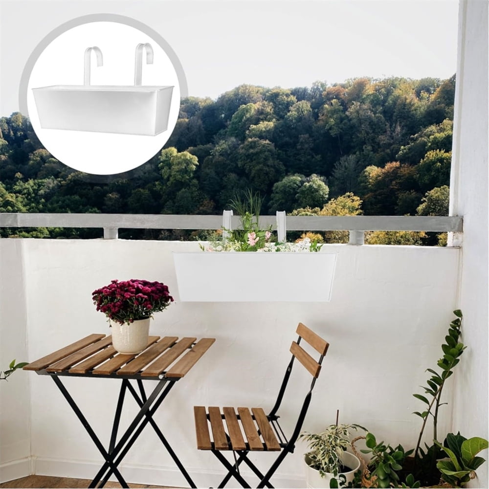 Scheam White Metal Railing Planter,2 Pcs Rectangular Hanging Flower Pots with Detachable Hooks,Large Window Planter Boxes,Countryside Style Fence Flower Buckets,for Indoor Outdoor