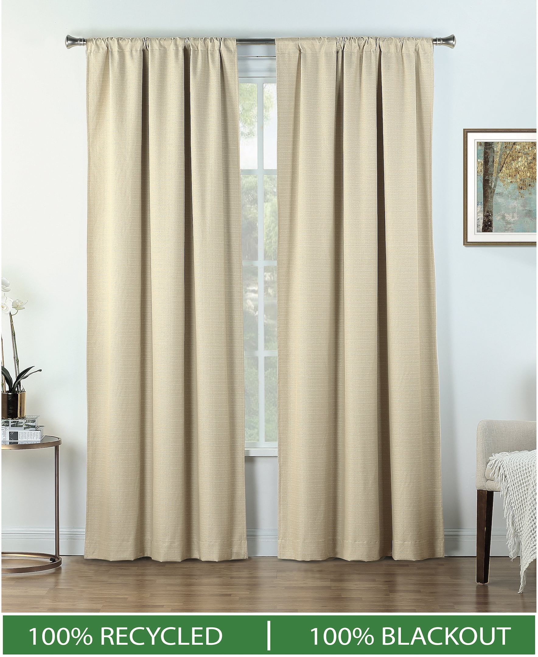 Ecologee Gold 100% Blackout Curtain Set, Sustainable Recycled Fabric, 2 Panel Set