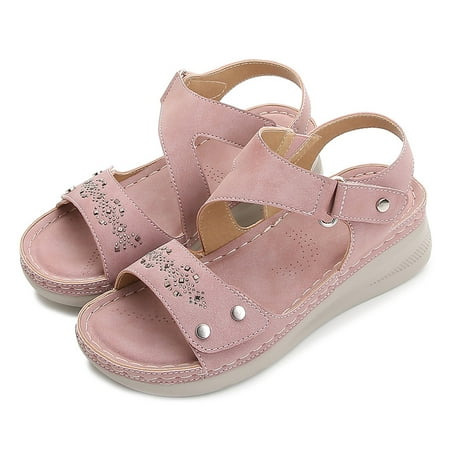 

Aayomet Summer Sandals Women Wedges Open Sandals Toe Summer Shoes Rhinestone Breathable Beach Hook&Loop Women s sandals Pink 7.5
