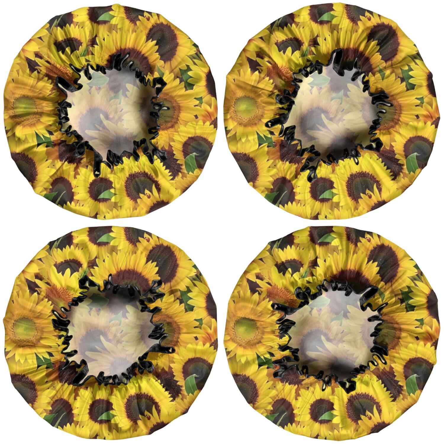 Shower Caps,Green Leaf Sunflower Pattern Waterproof Shower Cap for Women 4 Pieces,Double Reusable Hair Cover for Shower PEVA Elastic Stretch Hem