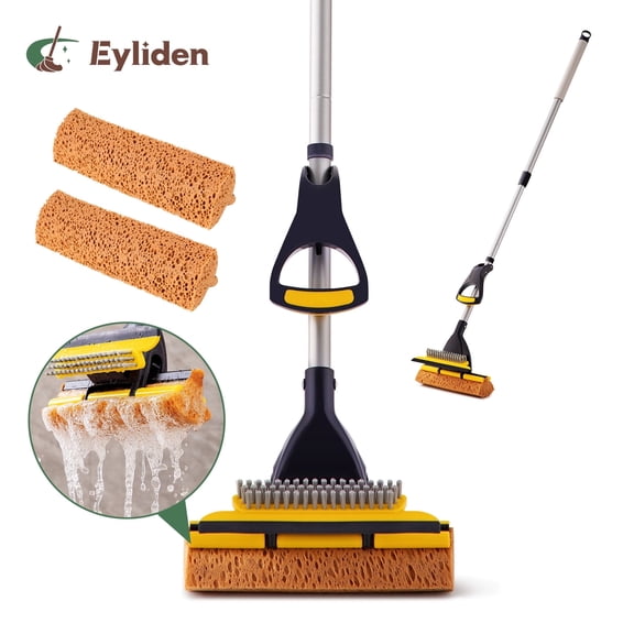 Eyliden Squeeze Sponge Mops for Floor Cleaning Scrub Brush with long handle and Built-in Brush, 2 Heads, Black