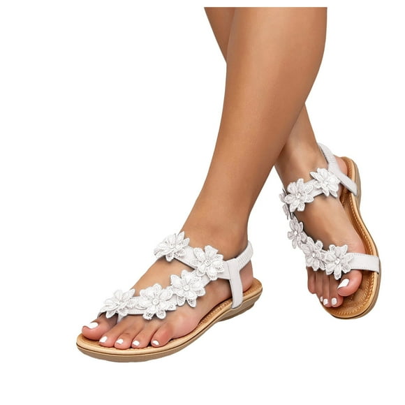 Womens Sandals Boho Flower Lace Flats Dressy Flip Flops for Women 2025 Wedge Low Heel Singback Summer Shoes