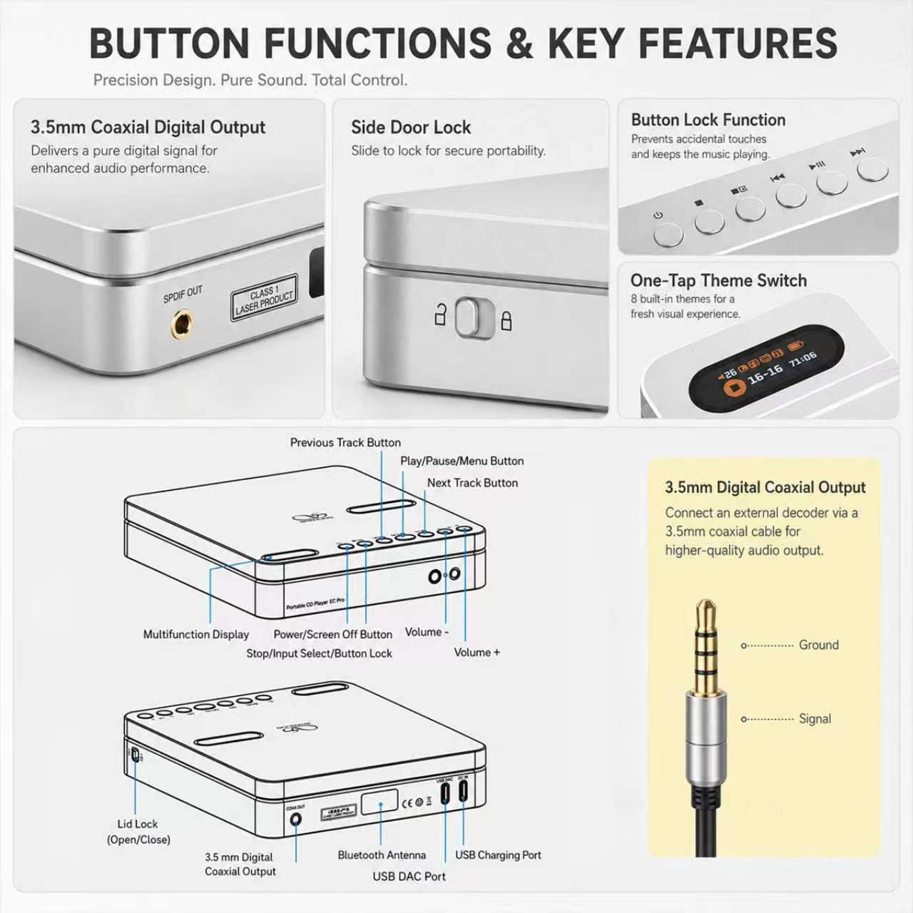 SHANLING EC Play Portable HiFi CD Player,USB DAC,CS43198 DAC+Dual SGM8262,384kHz/32bit,DSD256,Bluetooth 6.0,LDAC,Up to 700mW@32Ω Output,3.5mm+4.4mm Headphone Output,Coaxial,1.12-in Screen Silver