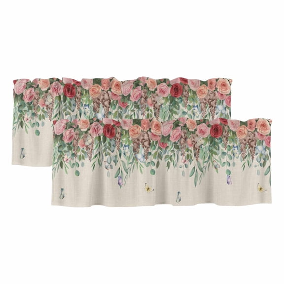 Watercolor Roses Curtain Valances for Windows, Kitchen Valance Window Treatments Panel 2 Pack, Spring Flowers Leaves Butterflies Beige Rod Pocket Short Curtains for Bathroom Bedroom 54 x 18 Inch