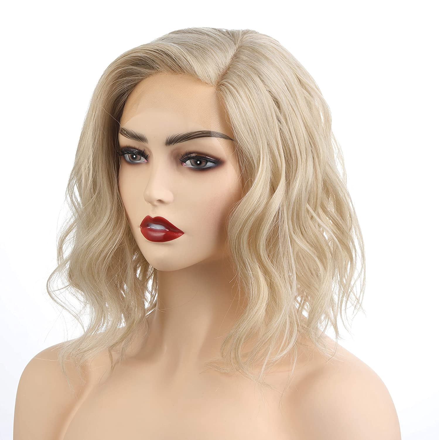 Shoulder Length Side Part Lace Front Short Wavy Hair Bob Wigs for Women (M6182 - Blonde Blended)